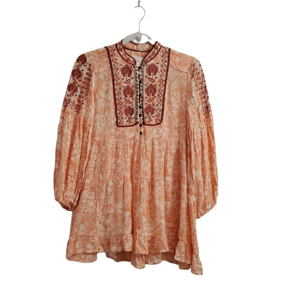 Anthropologie Blouse XSP Orange Claudia Embroidered Babydoll Tunic Top Boho
